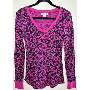 OP Women's Thermal Waffle Knit Size L Y2K Vintage Roses Hot Pink Barbie
